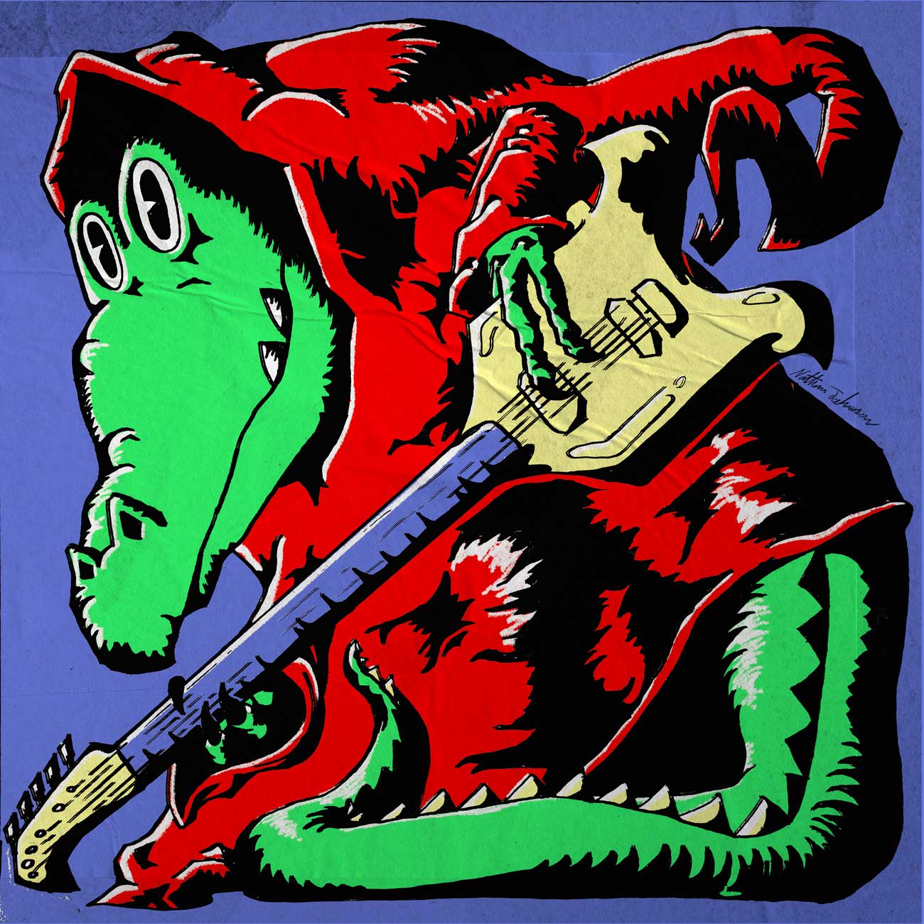 A Crocodile in a Red Cult tunic playing a yellow electric guitar