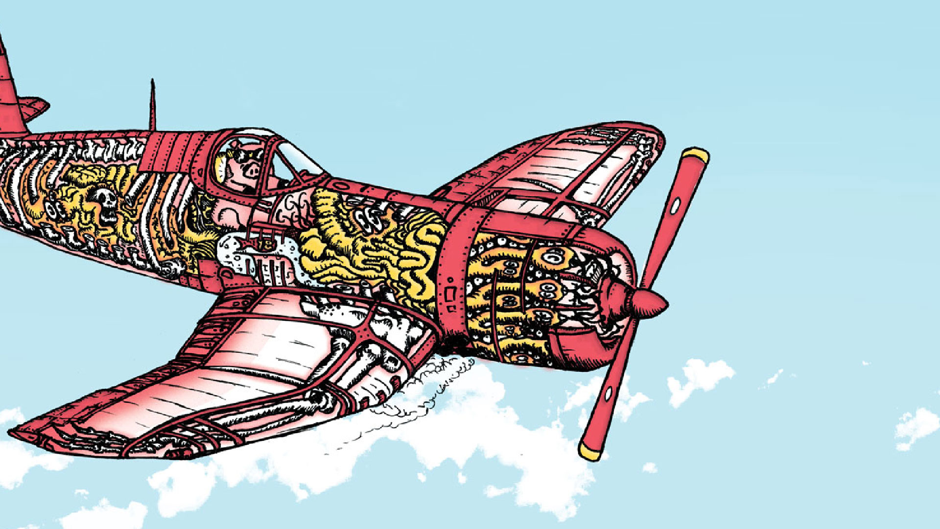 Pig piloting a plane made of flesh and bones