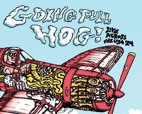 A cd jewel case with artwork of a pig flying a plane. In the sky it says 'Going Full Hog!' 'Live Across the USA '24'